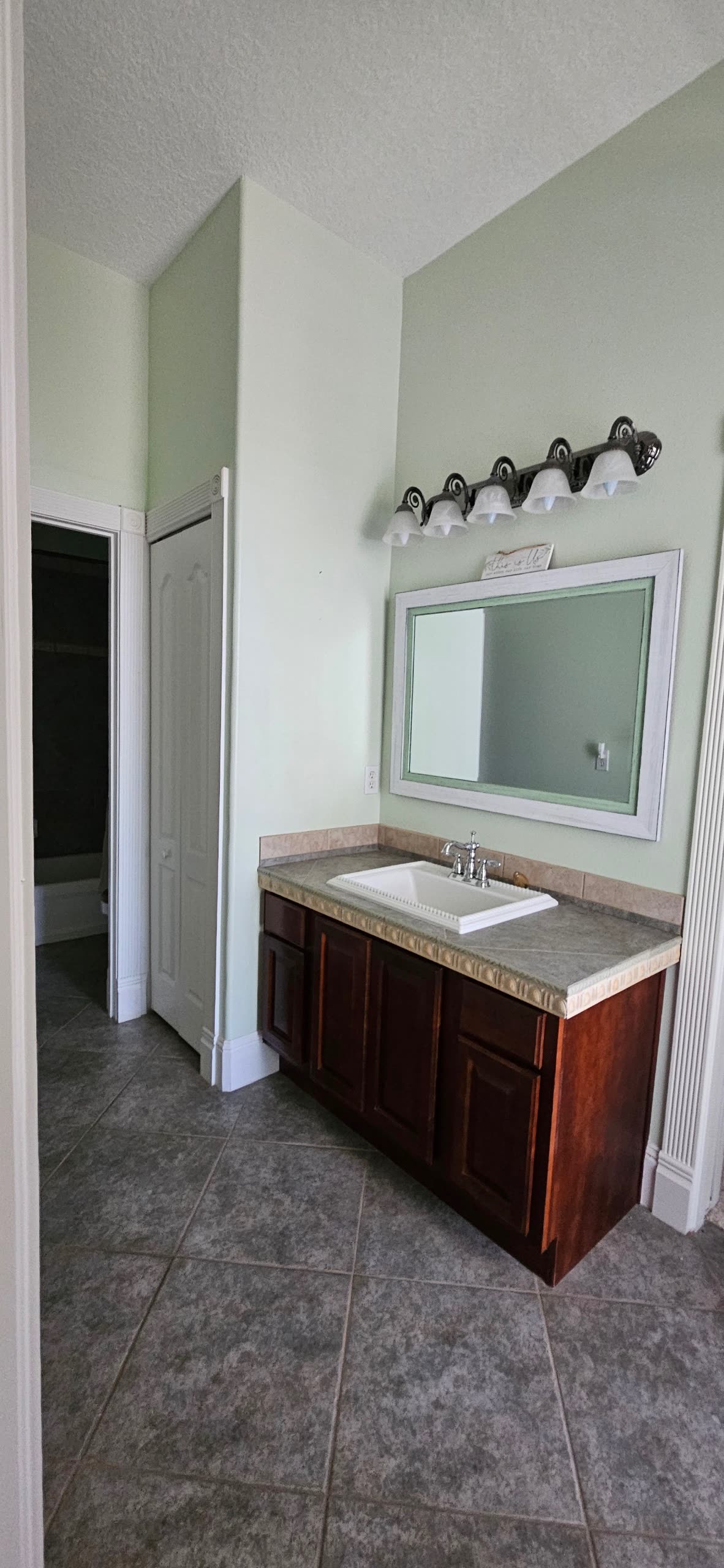 Guest bath with a builder-grade vanity before renovation